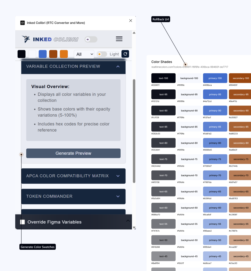 Color Swatches frame with solid shade ramps and Realtime Colors URL
